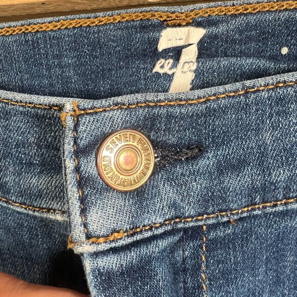 7FAMK Dojo Jeans Size 28 Frayed Hem Flared Retro Blue Denim Embroidered Pockets - Picture 4 of 11